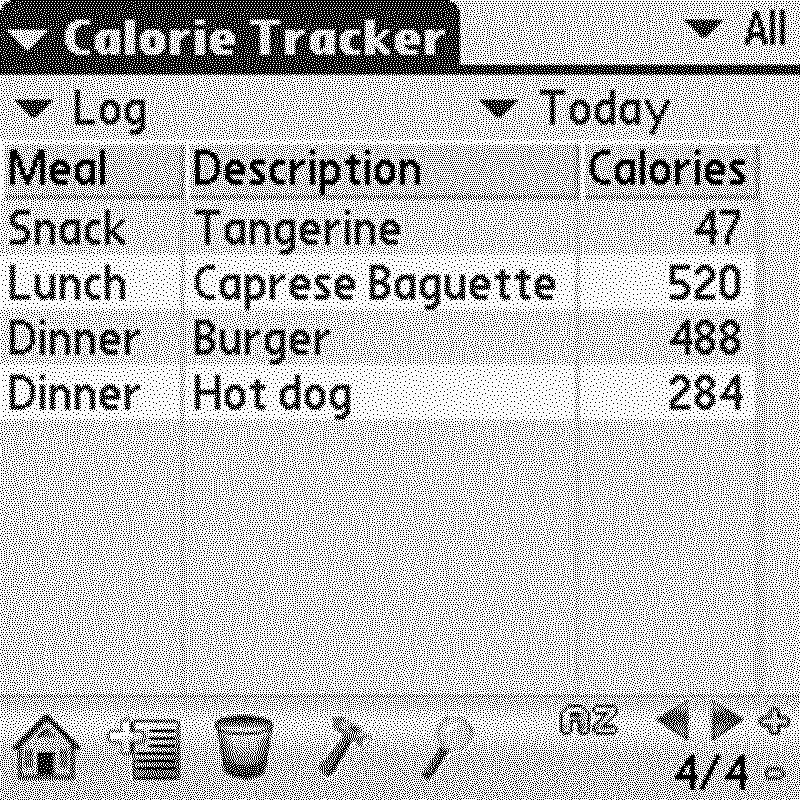 Screenshot showing a list of food items on Palm OS