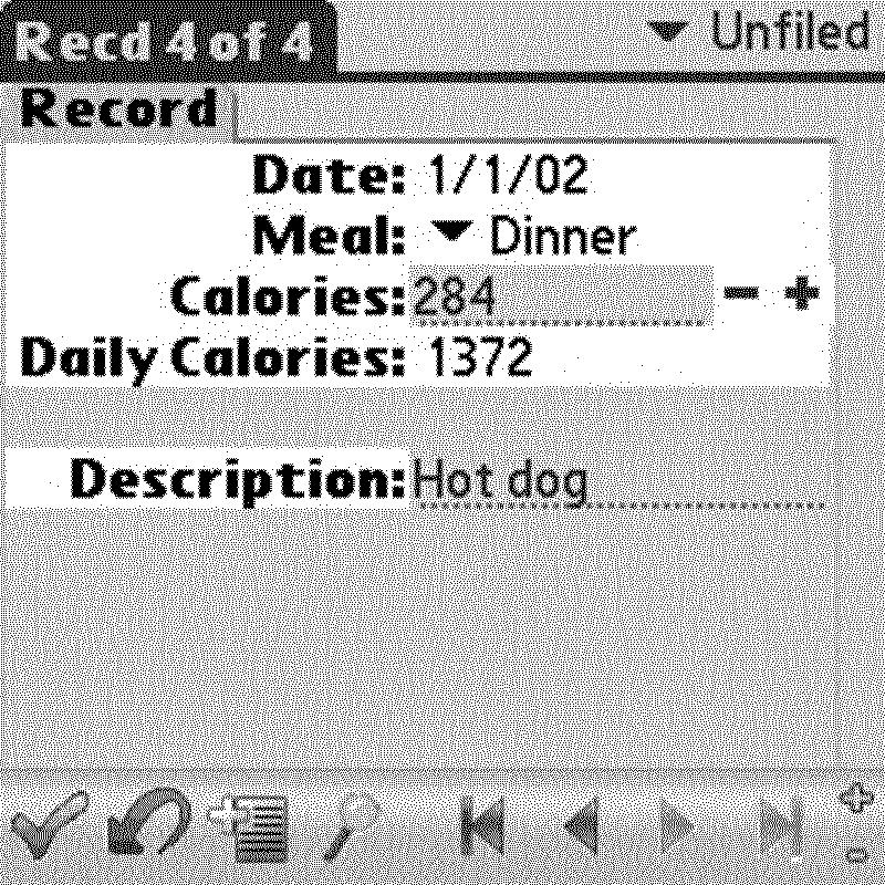 Screenshot showing a form to record a food item on Palm OS
