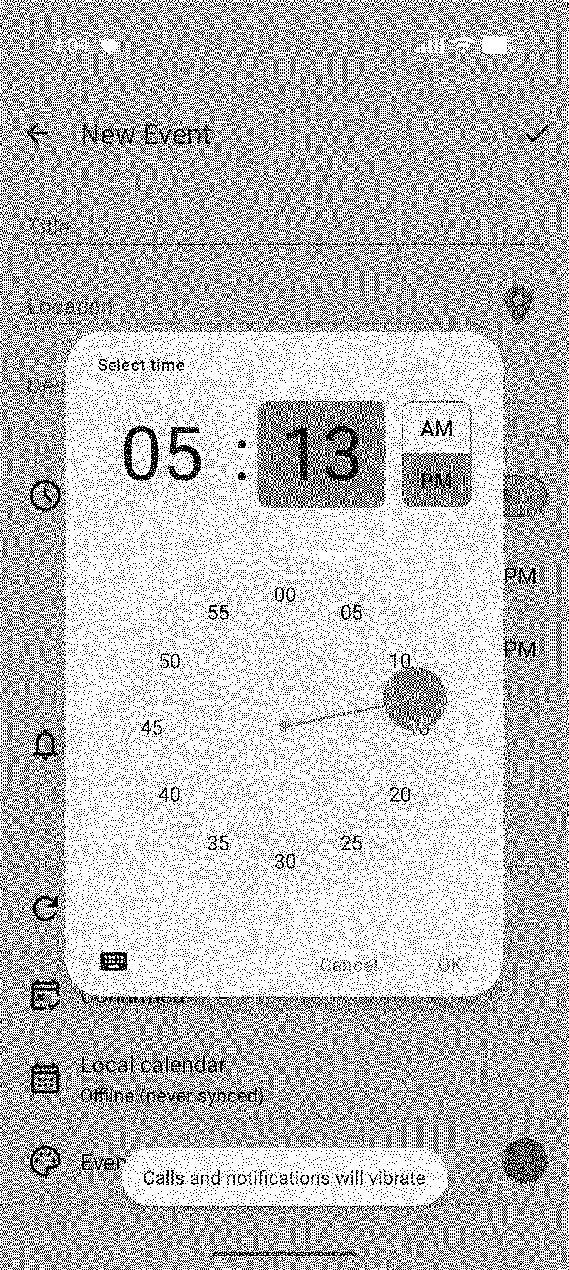 Time picker on Android showing minutes