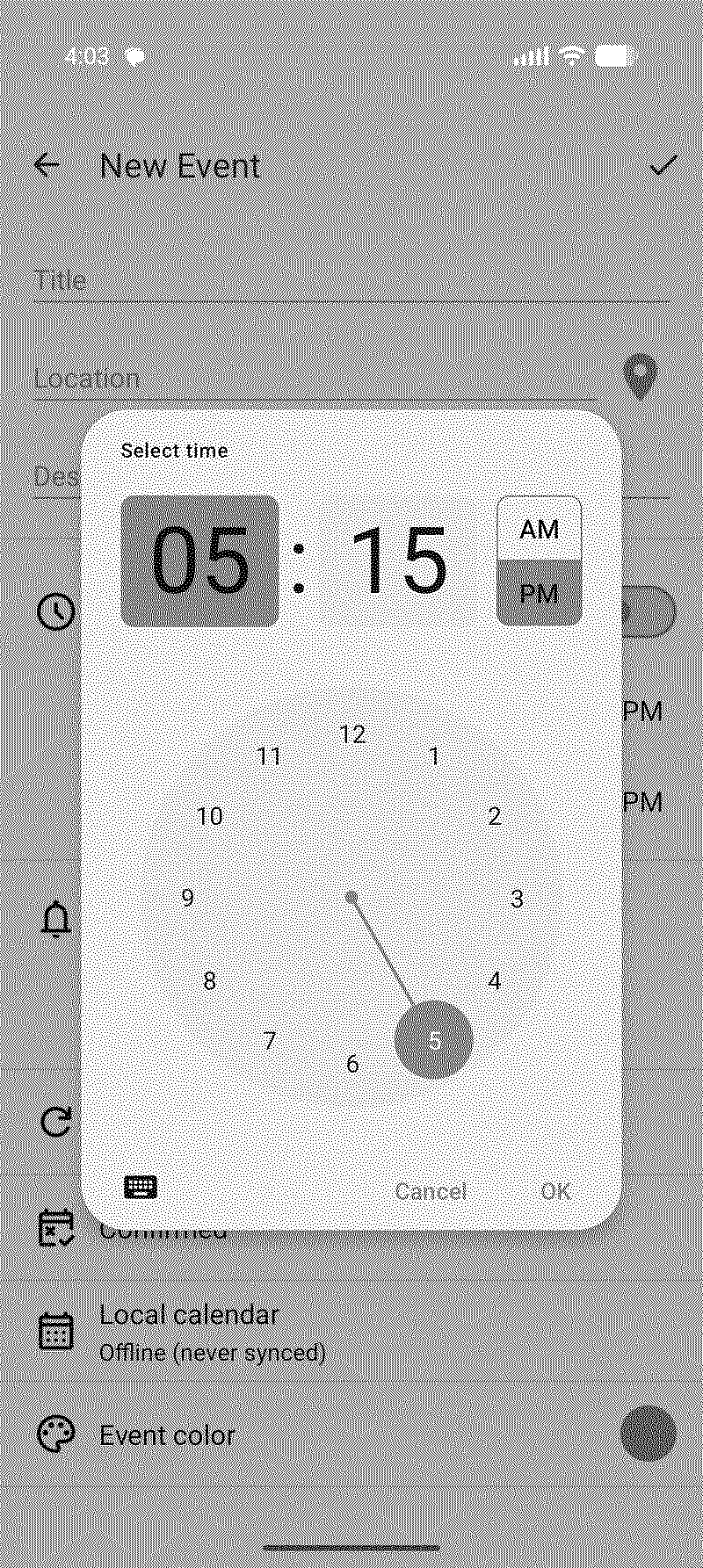 Time picker on Android showing hours