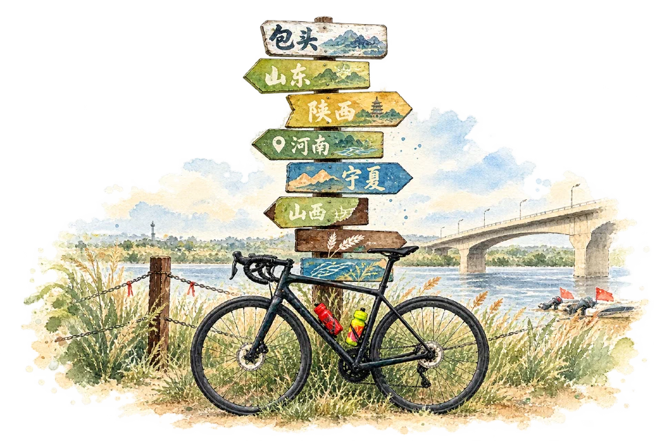 Watercolor of a road bicycle beside Chinese directional signs on a riverbank.