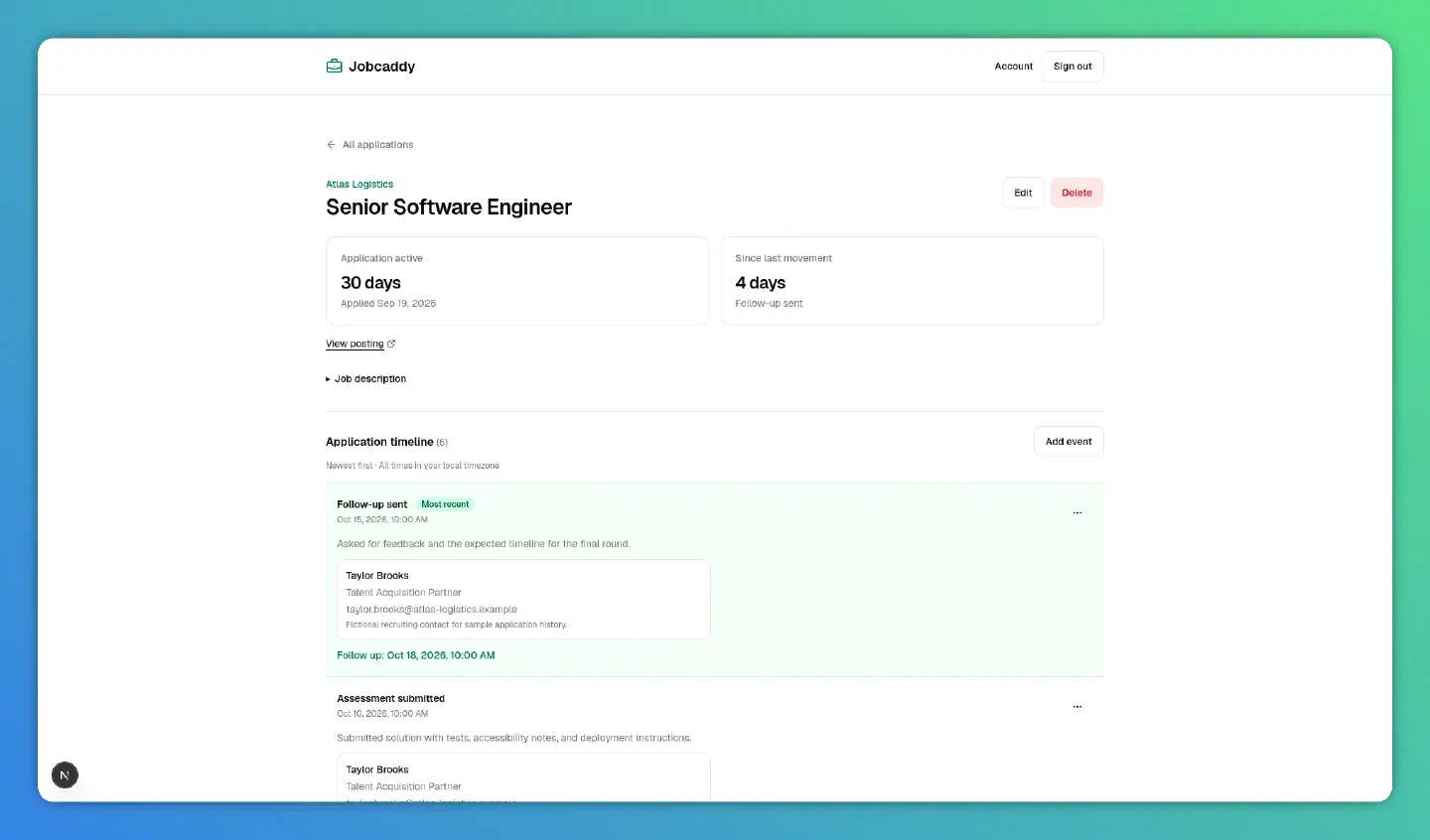 Screenshot of JobCaddy application timeline